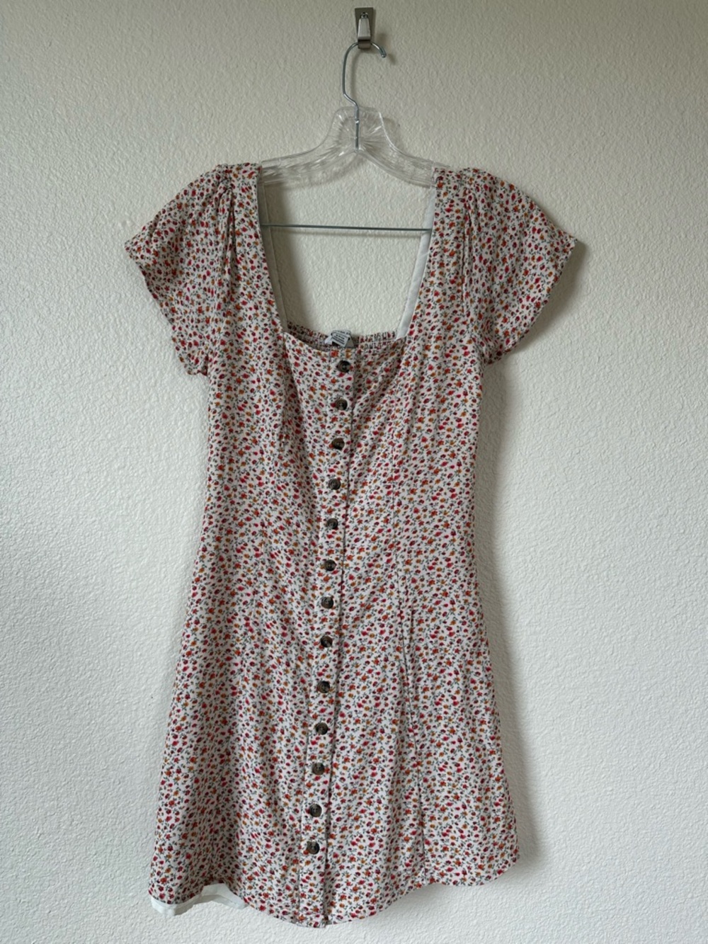 American Eagle Floral Mini Dress S Cream Smocked Square Neck